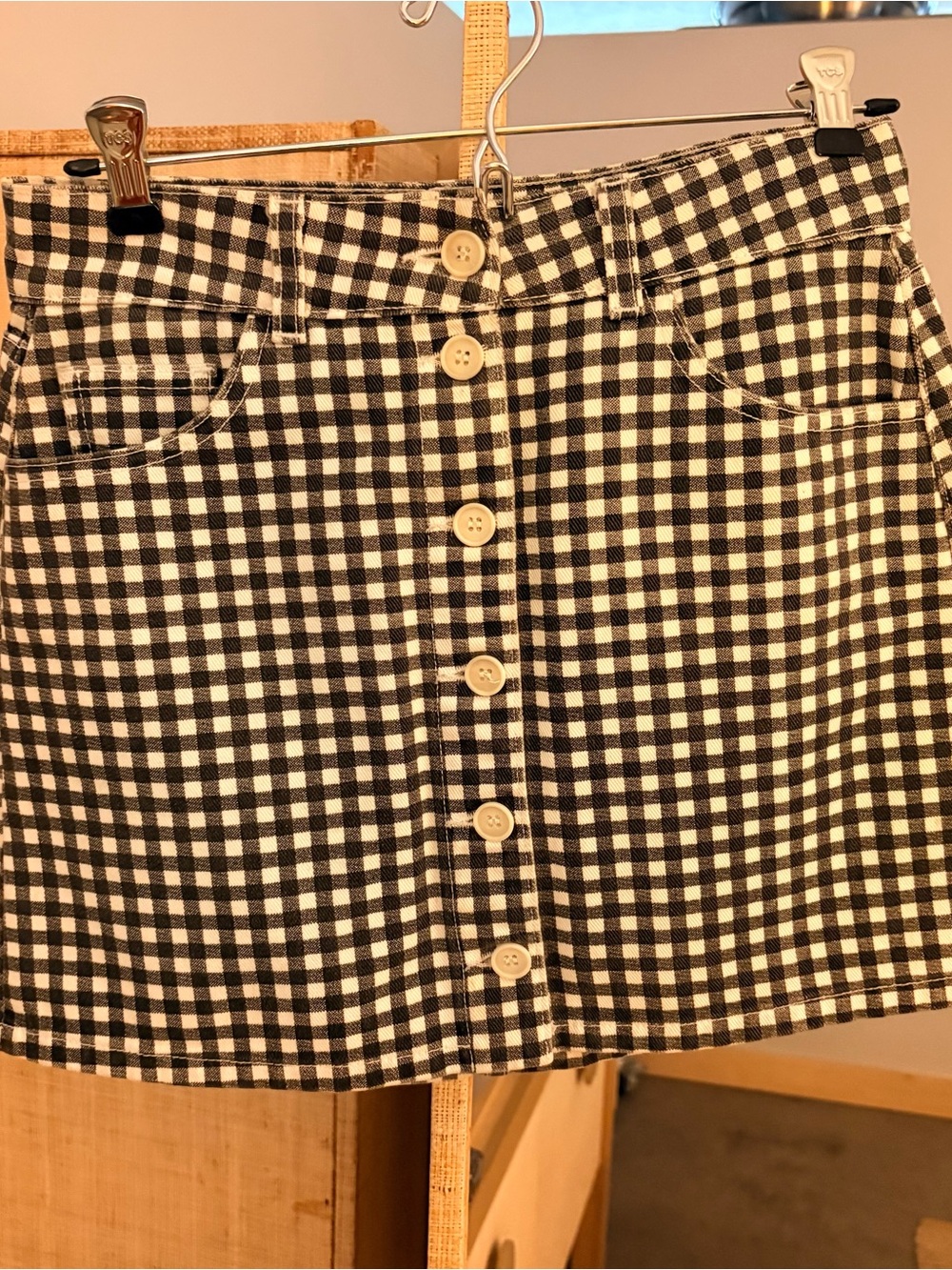 Reformation Black and White Gingham Button-Front Mini Skirt